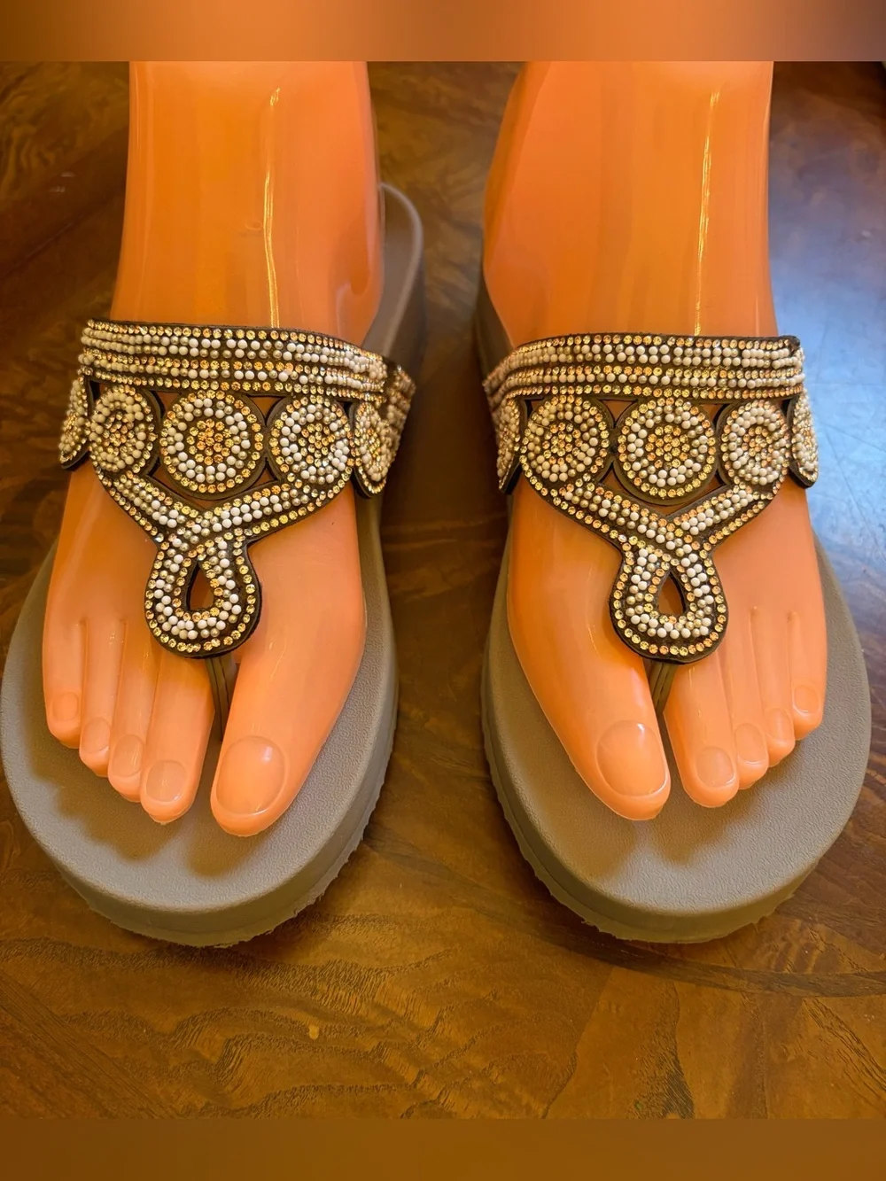 Skechers Taupe Wedge Thong Sandals with Gold Rhinestone Accents